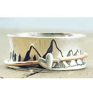 Boho Chic Chunky Bohemian Heart Mountain Wide Band Ring - Silver Electro-Plated